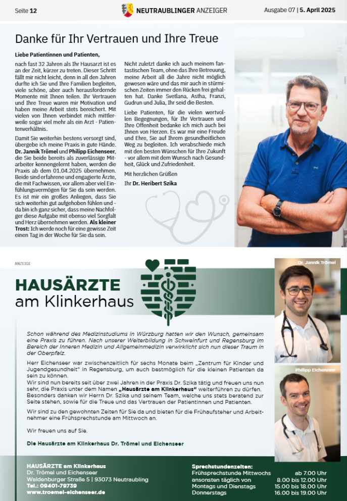 Zeitungsartikel aus dem Neutraublinger Anzeiger über unsere Praxis